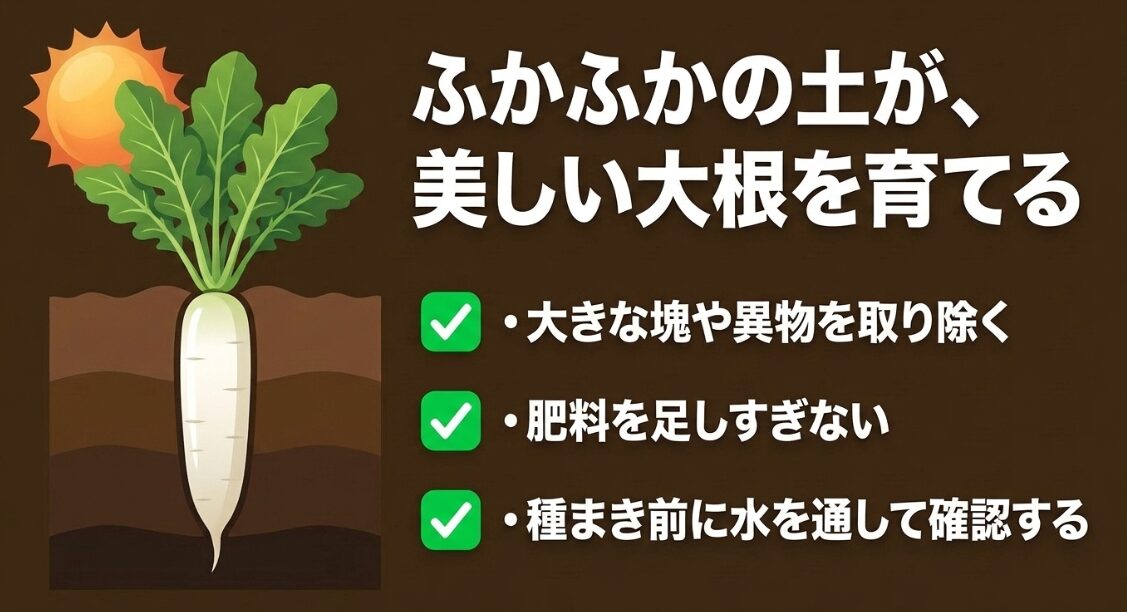 大きな塊や異物を除き、肥料を足しすぎず、種まき前に水を通す大根の土作りチェックリスト