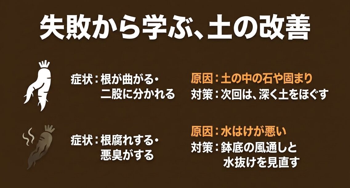 大根の曲がりや二股は土中の石や固まり、根腐れや悪臭は水はけの悪さが原因になることを示す図