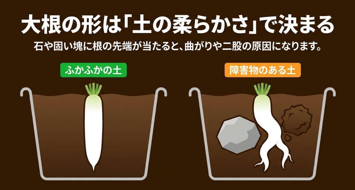 ふかふかの土では大根がまっすぐ伸び、石や固い塊のある土では根が曲がり二股になる比較図