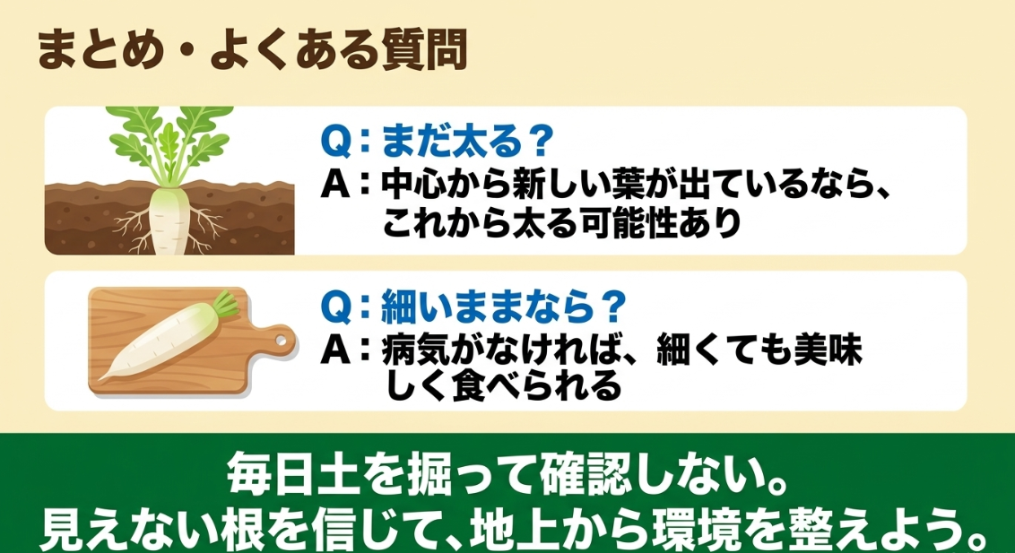 細い大根でも中心から新しい葉が出ていれば太る可能性があり病気がなければ収穫して食べられる