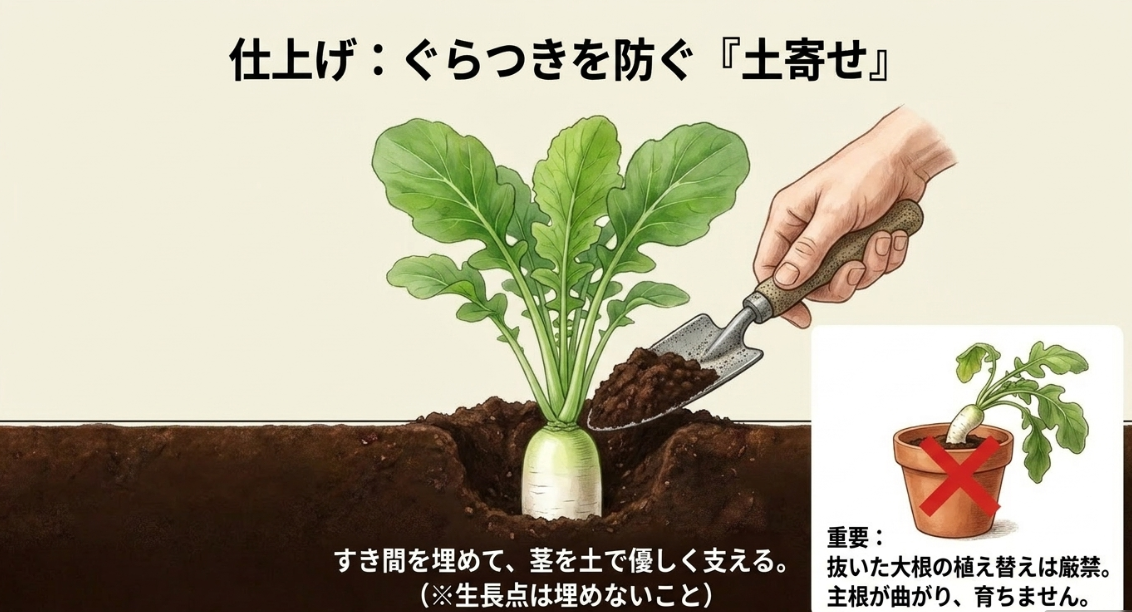 間引き後の仕上げ：ぐらつきを防ぐ土寄せの方法と、大根の植え替えが厳禁である理由