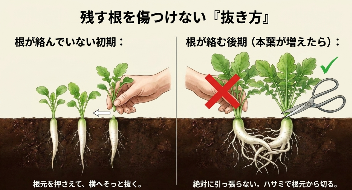 残す大根の根を傷つけない間引き方：初期は横へそっと抜き、後期はハサミで根元から切る