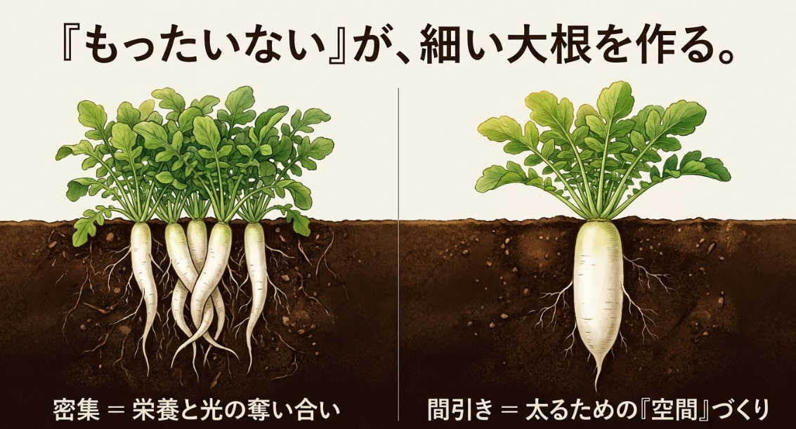 大根の間引きが必要な理由：密集による栄養の奪い合いを防ぎ、根が太る空間を作る
