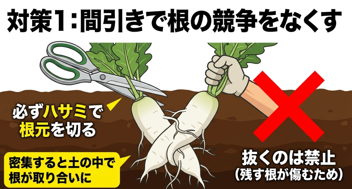 大根の間引きでは残す株の根を傷めないよう不要な苗をハサミで根元から切る方法
