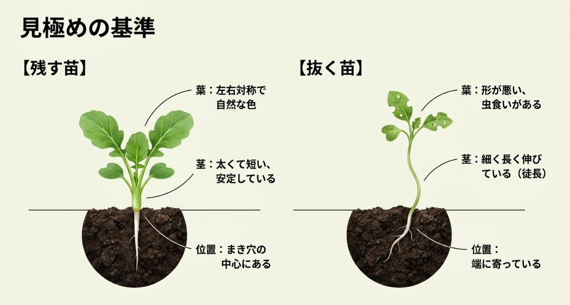 間引きで残す苗と抜く苗の見極め基準：葉の形や色、茎の太さ、まき穴からの位置