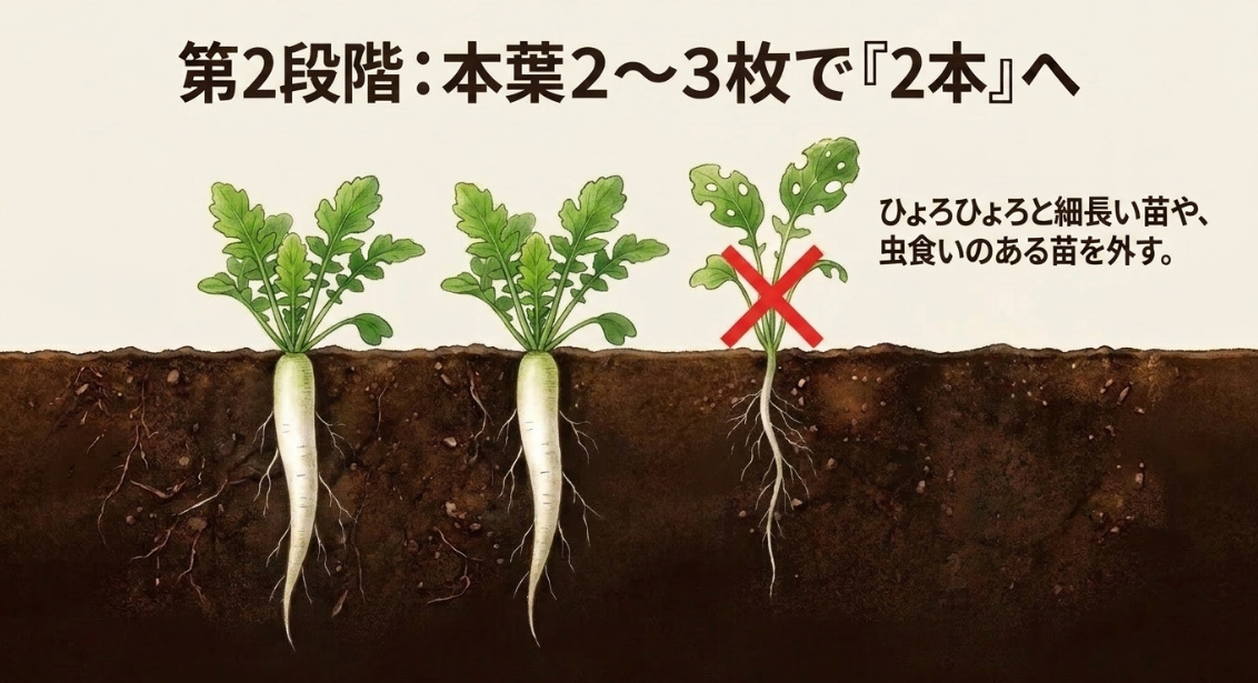 大根の間引き第2段階：本葉2〜3枚の時期に徒長した苗や虫食いを外して2本にする