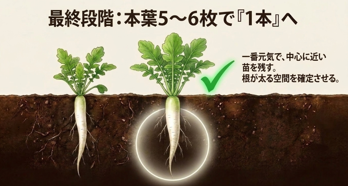 大根の間引き最終段階：本葉5〜6枚の時期に一番元気な苗を選んで1本立ちにする