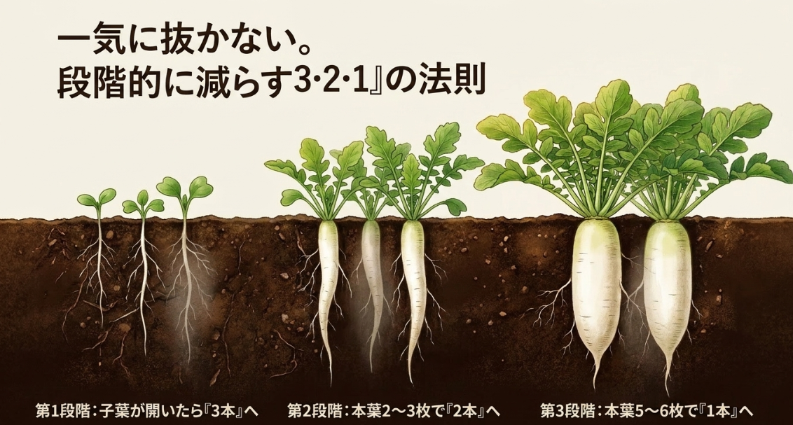 大根の間引きの時期と回数：一気に抜かず3本・2本・1本と段階的に減らす法則