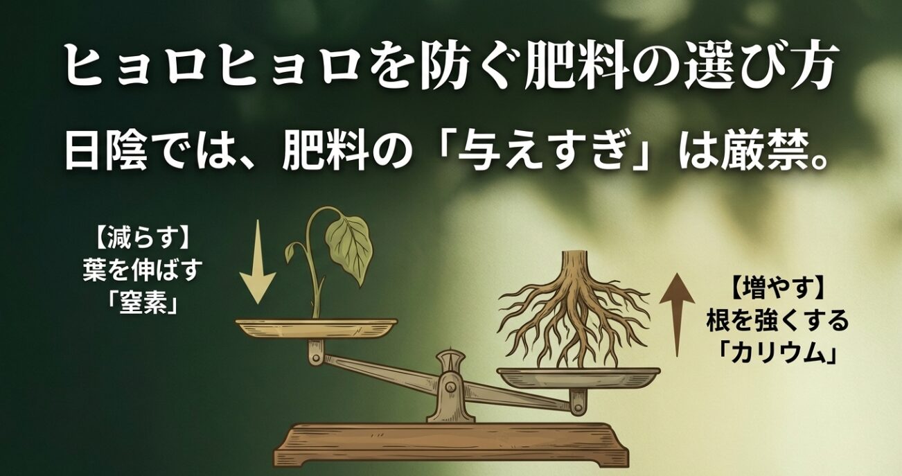 葉を伸ばす窒素を減らし、根を強くするカリウムを増やすという日陰での肥料の選び方を解説したスライド