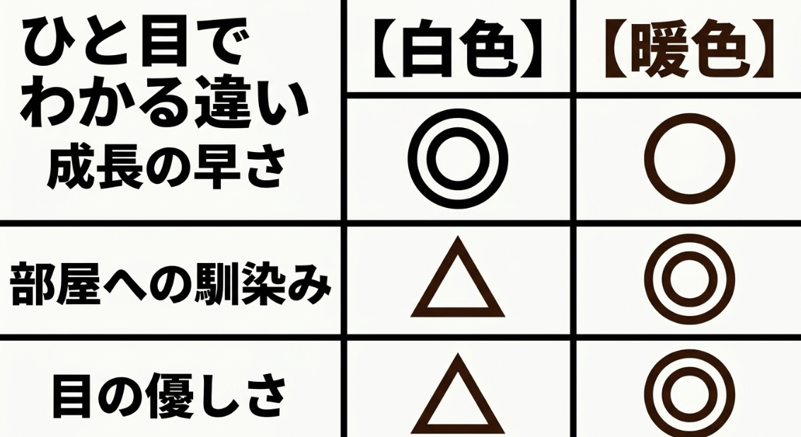 植物育成ライトの白色と暖色を育成のしやすさ、部屋へのなじみ、見え方で比較