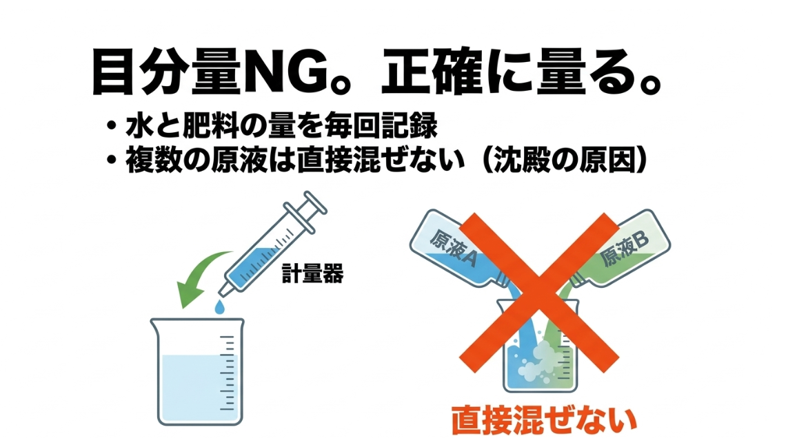 液体肥料を計量器で正確に量り二液式肥料の原液同士を直接混ぜない方法の図解