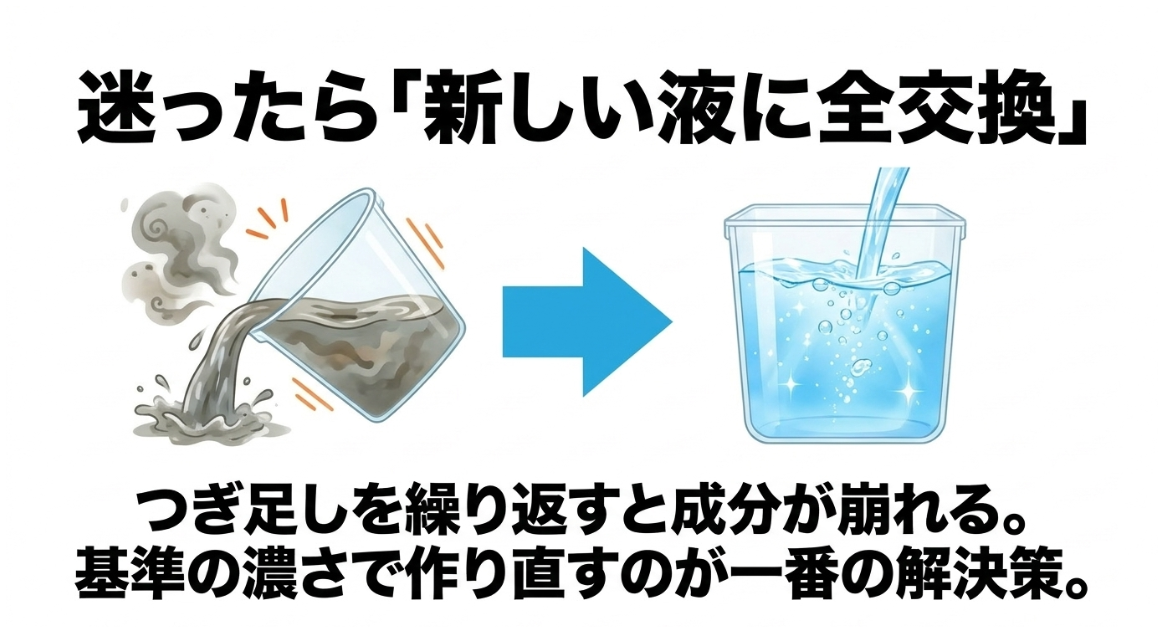 古い培養液を排出して規定濃度で新しい液肥を作り直す水耕栽培の水換え手順