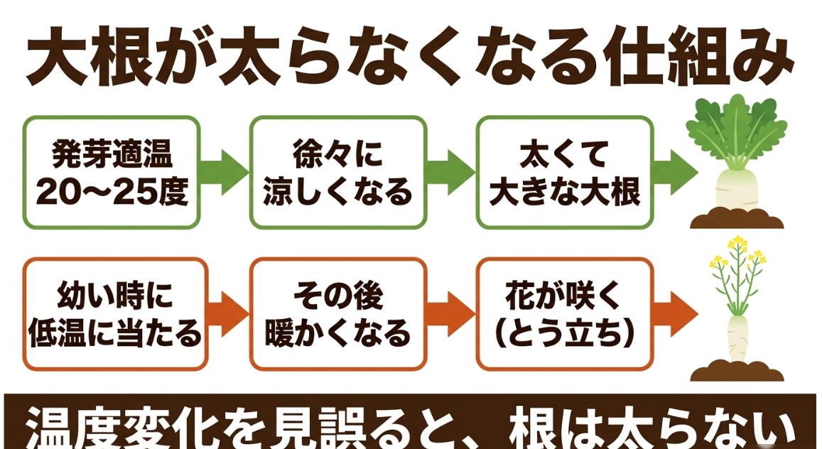 大根が太らなくなる仕組み（温度変化によるとう立ち発生の流れ）