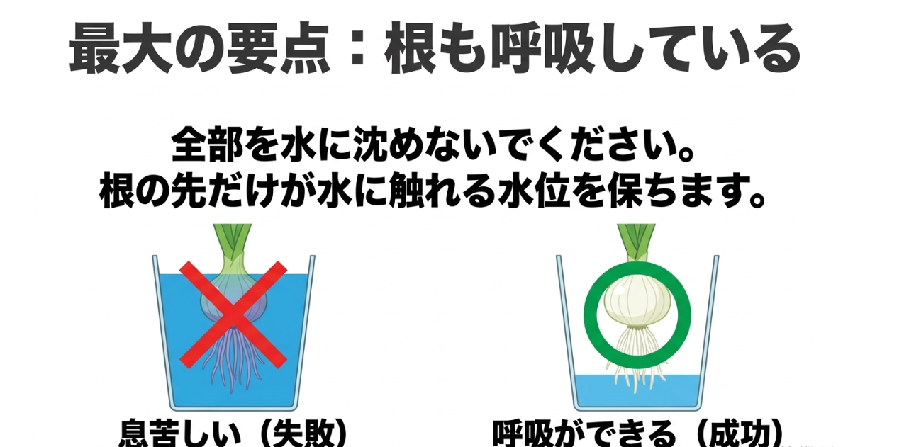 ネギの水耕栽培で根を全部水没させず根先だけを水に触れさせる正しい水位