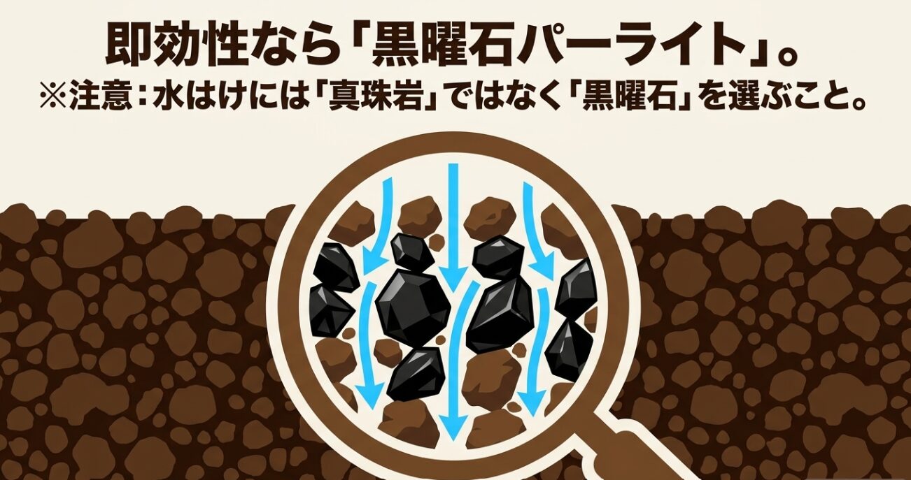 即効性なら黒曜石パーライト。水はけ改善には真珠岩ではなく黒曜石を選ぶこと。