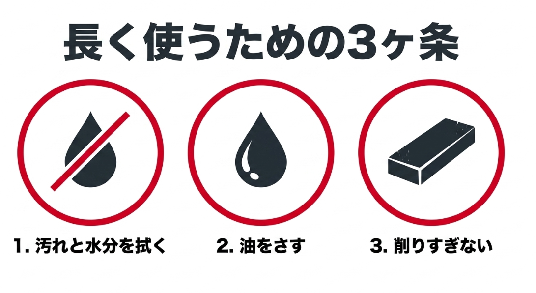 岡恒の剪定鋏を長く使うために汚れと水分を拭く、油をさす、刃を削りすぎない3つの手入れ方法を示した図