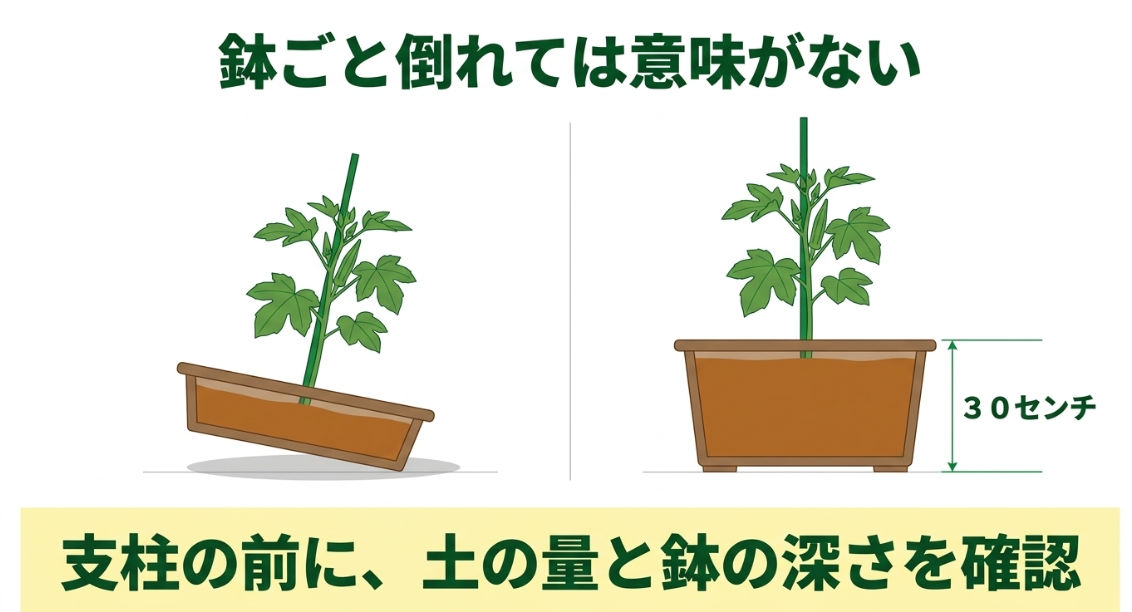 オクラの転倒を防ぐため支柱だけでなく土量とプランターの深さ30cmを確認する図