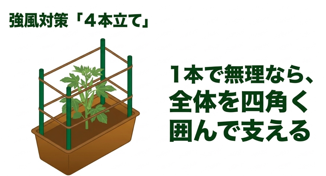 オクラのプランターを4本の支柱で四角く囲んで強風対策する立て方