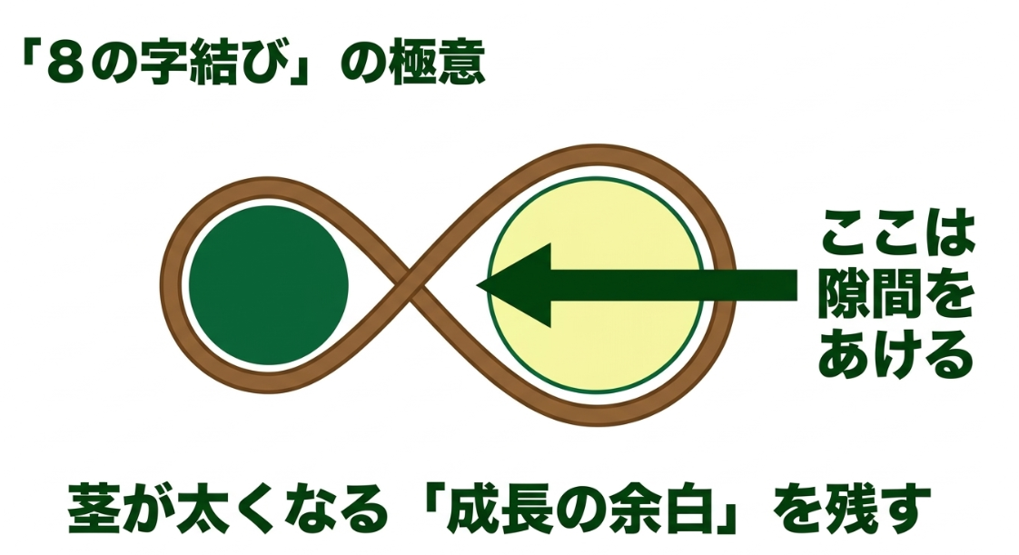 オクラを支柱へ8の字結びで誘引し茎が太くなるための隙間を残す方法