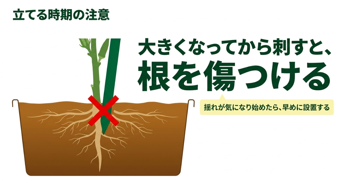 大きく育ったオクラの根を傷つけないため支柱を早めに設置するタイミングの図