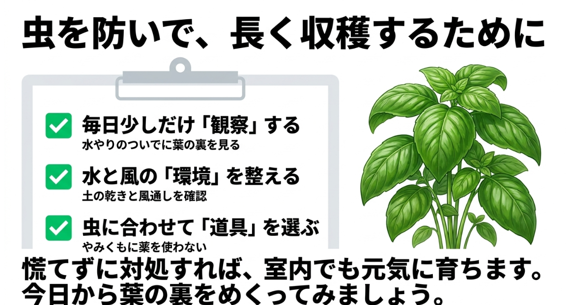 大葉を室内で長く収穫するための観察、栽培環境、虫対策グッズのチェックリスト