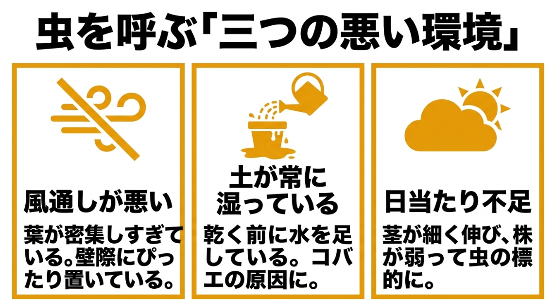 大葉の室内栽培で虫が発生しやすくなる風通しの悪さ、土の過湿、日当たり不足