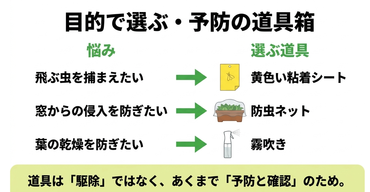 大葉の室内栽培で黄色粘着シート、防虫ネット、霧吹きを目的別に選ぶ方法