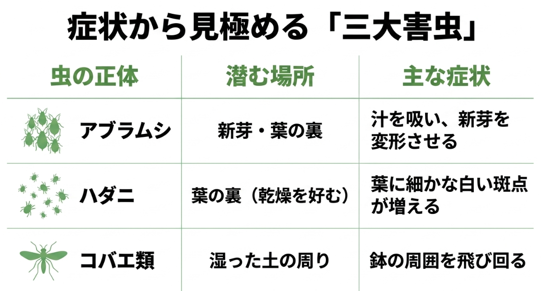 大葉の室内栽培で注意するアブラムシ、ハダニ、コバエ類の潜む場所と症状