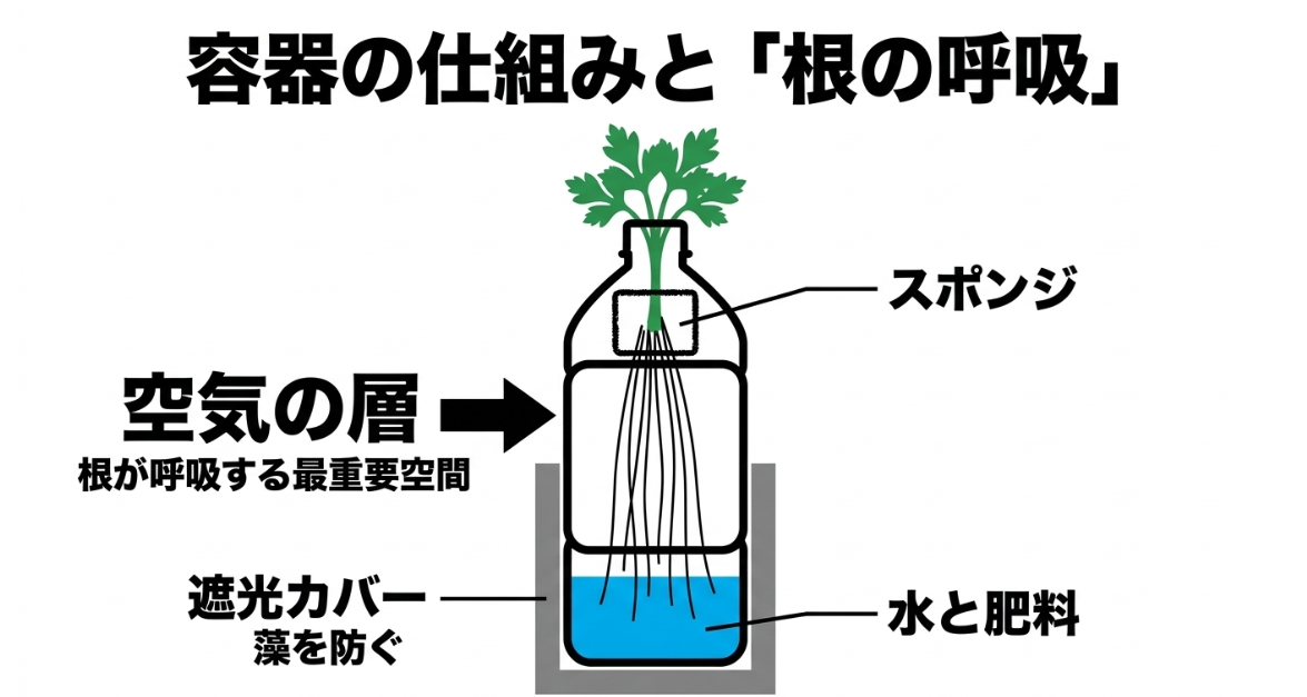 ペットボトル水耕栽培で根の一部を空気に触れさせる水位と遮光の仕組み