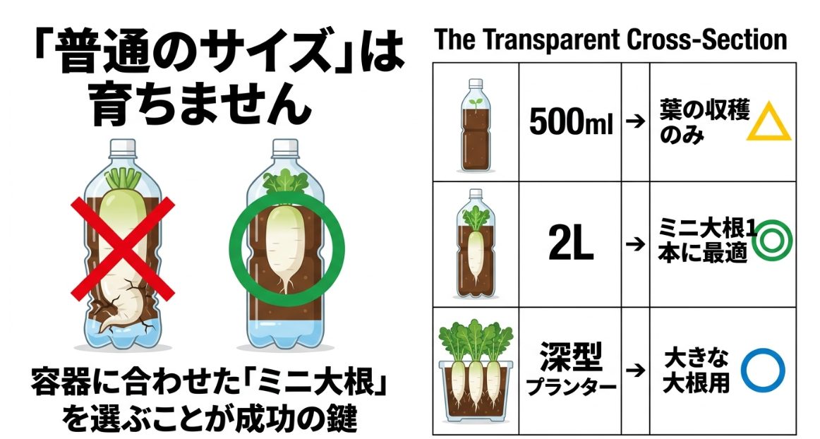 500mlと2Lペットボトル、深型プランターを比較した大根栽培の容器サイズ図