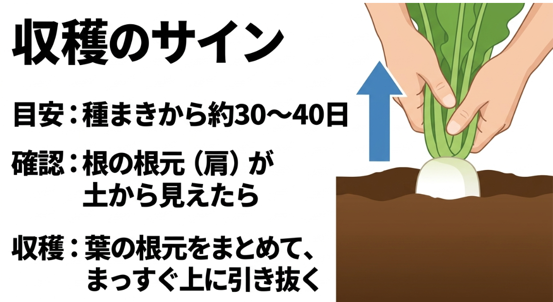 種まき後30から40日を目安に根の肩が土から見えたら収穫するミニ大根の収穫サイン