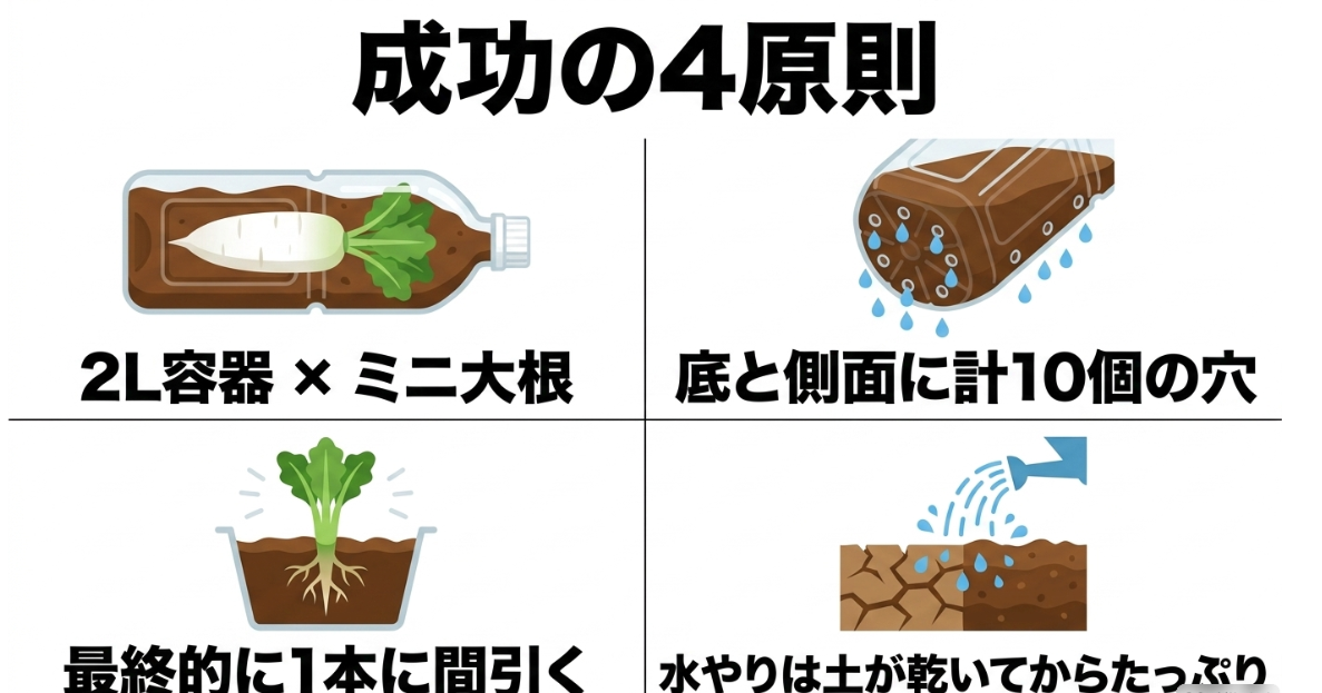 2L容器とミニ大根、水抜き穴、1本への間引き、適切な水やりをまとめた栽培成功の4原則