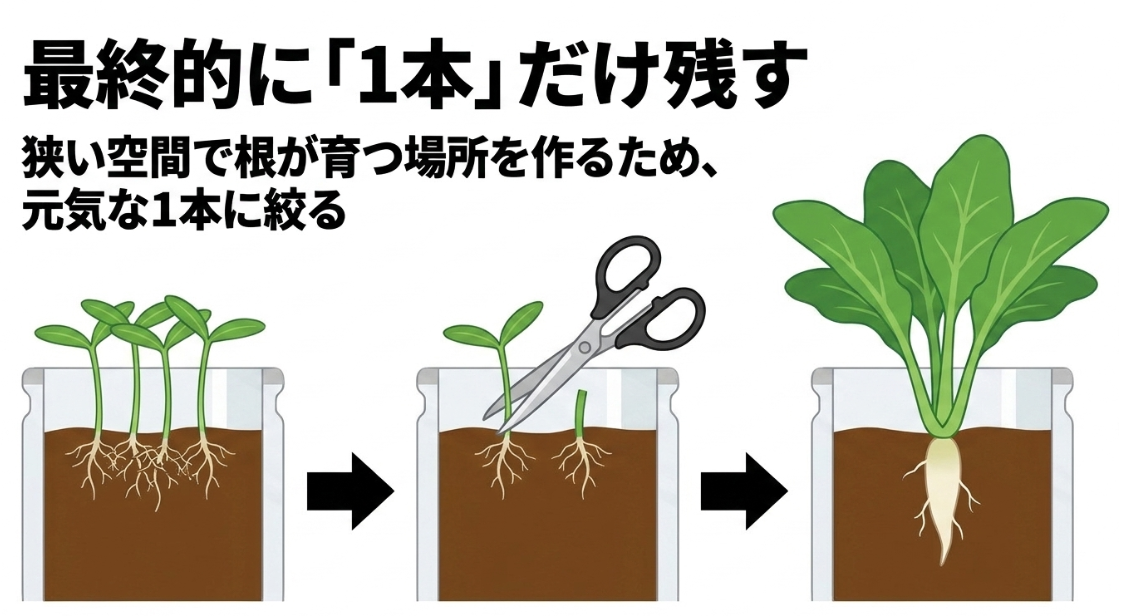 発芽した大根を段階的に間引いてペットボトル1本につき1株だけ残す方法