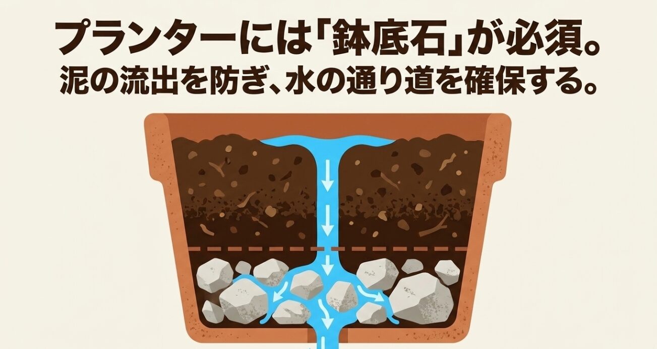 プランターには鉢底石が必須。泥の流出を防ぎ、水の通り道を確保する図解。