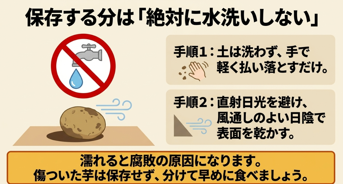 保存するじゃがいもは水洗いせず土を軽く落として日陰で表面を乾燥させる手順