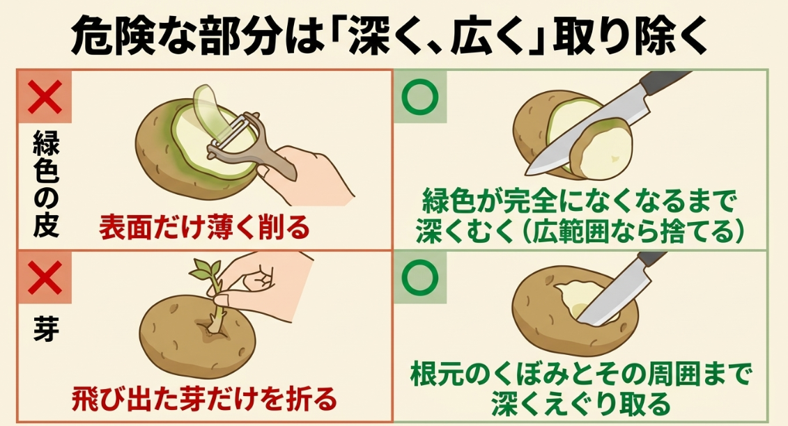 じゃがいもの緑色部分は深くむき芽は根元と周囲までえぐり取る正しい処理方法