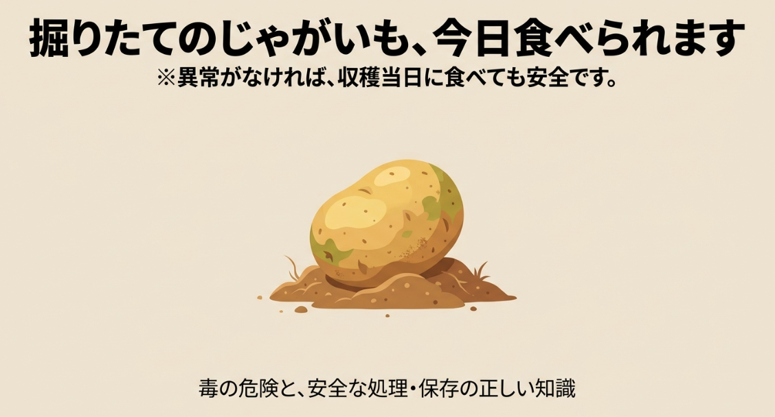 掘りたてのじゃがいもは異常がなければ収穫当日に食べられることを示した解説