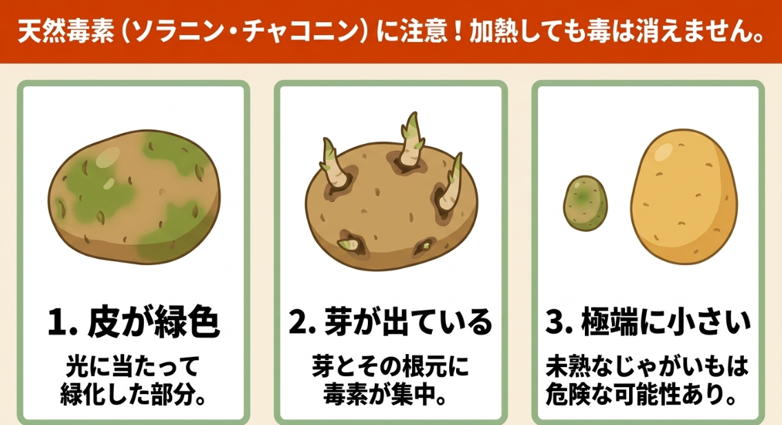 じゃがいもの緑色の皮、芽、未熟な小さい芋でソラニンやチャコニンに注意するポイント