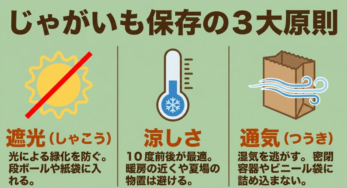 じゃがいも保存で重要な遮光、涼しさ、通気の3つの原則