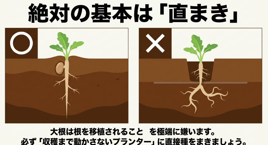 大根は根の移植を嫌うため収穫するプランターへの直まきが絶対の基本