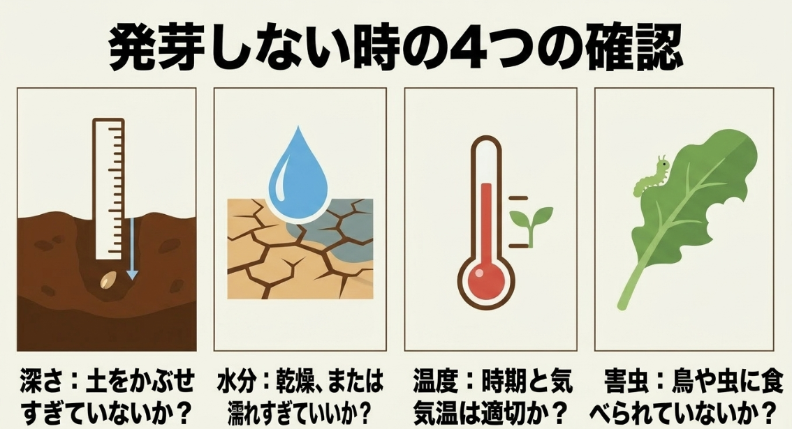 大根が発芽しない時に確認すべき深さ、水分、温度、害虫の4つの原因