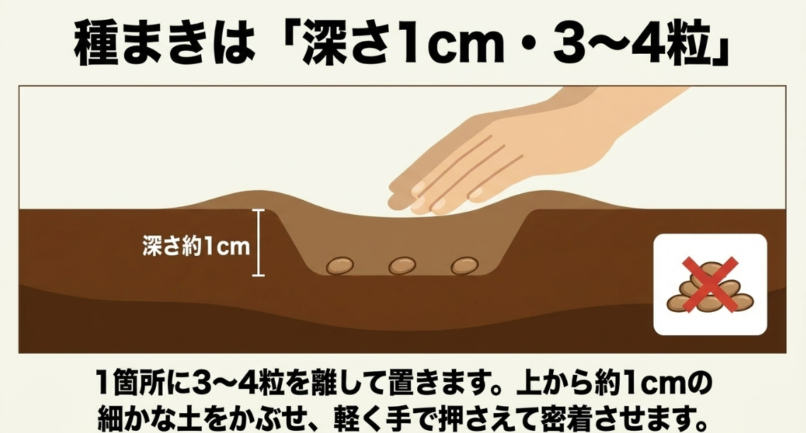 大根の種まきは深さ約1cmの穴に3〜4粒を離して置く