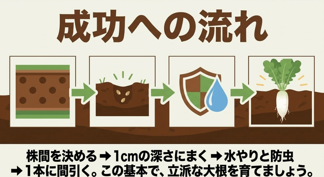株間を決める、深さ1cmにまく、水やりと防虫、1本に間引くという大根栽培成功への流れ