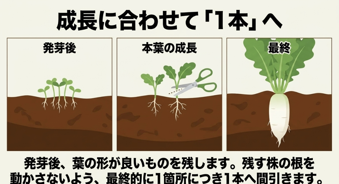 大根の発芽後から本葉の成長に合わせて段階的に1本へ間引く手順