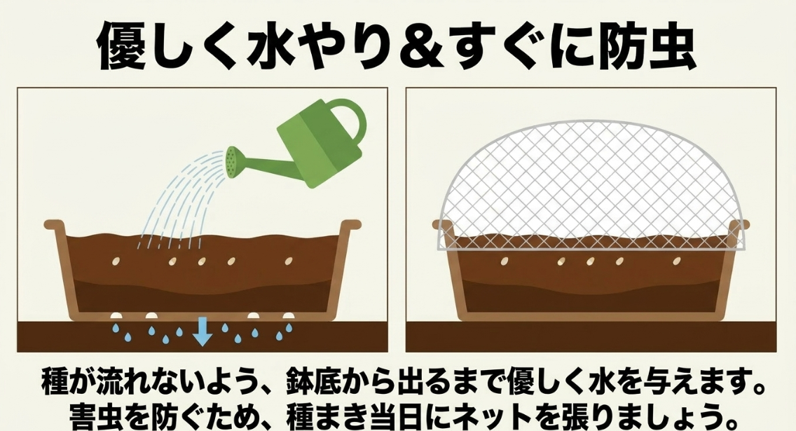 種が流れないよう優しく水やりをし、害虫予防のためすぐに防虫ネットを張る