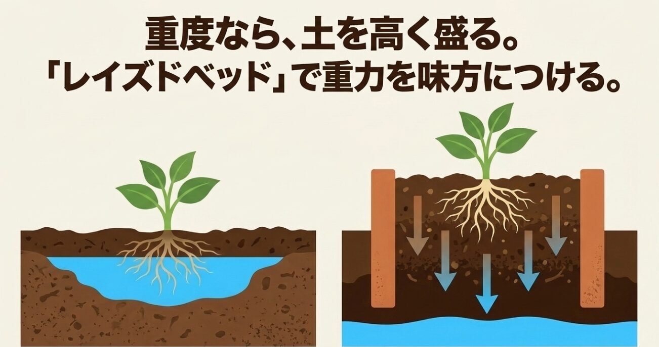 水はけ不良が重度なら土を高く盛る。レイズドベッドで重力を味方につける図解。