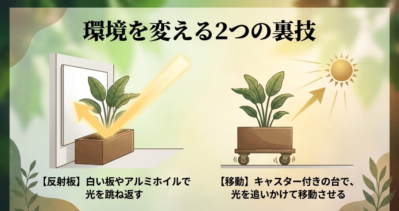 反射板を使って光を跳ね返す方法と、キャスター付き台を使って日当たりの良い場所へ移動させる裏技を解説したスライド