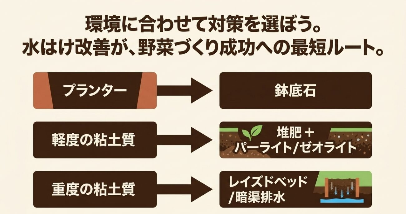 環境に合わせて対策を選ぼう。プランターには鉢底石、軽度の粘土質には堆肥とパーライト・ゼオライト、重度の粘土質にはレイズドベッドや暗渠排水。