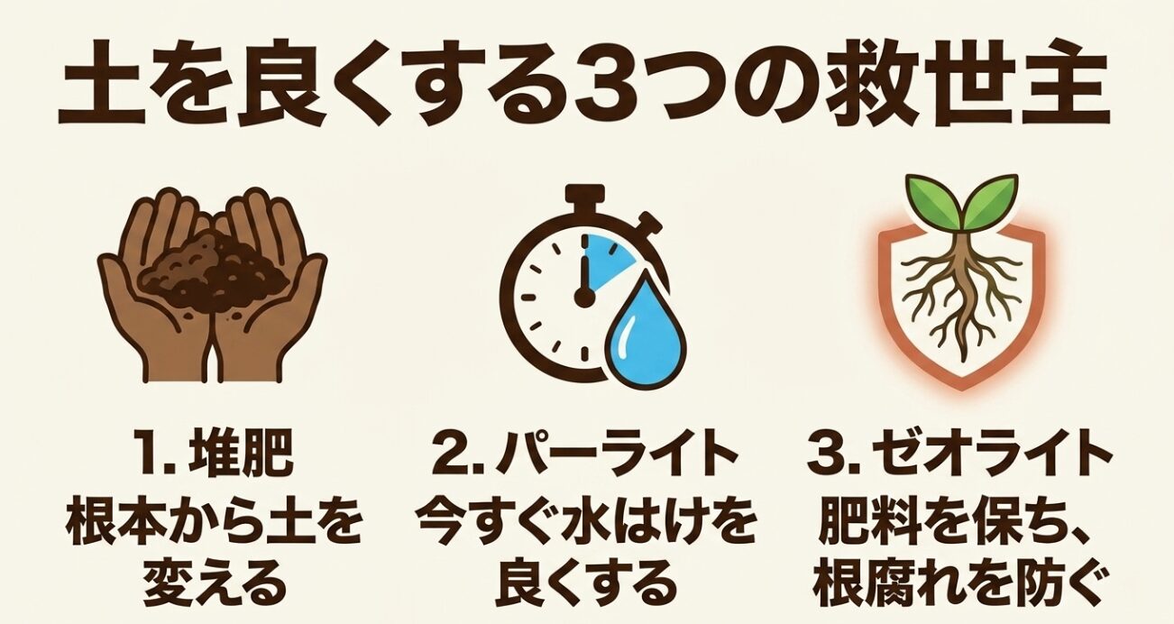 土を良くする3つの救世主。根本から変える堆肥、今すぐ水はけを良くするパーライト、肥料を保ち根腐れを防ぐゼオライト。