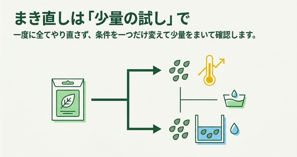 ほうれん草を一度にまき直さず温度や水分条件を一つ変えて少量で比較する方法